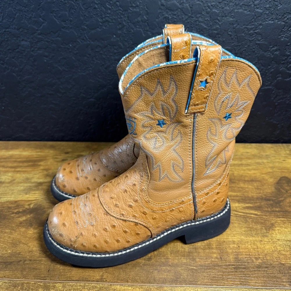 Ariat Ostrich Print 32969Y‎ Brown Leather Western Cowboy Boots Kids Size 3